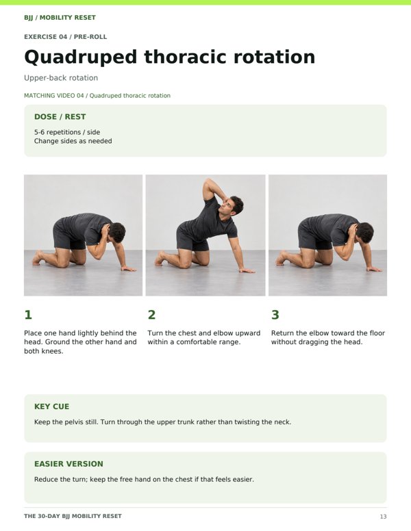 Actual thoracic rotation card with three illustrated positions and written instructions