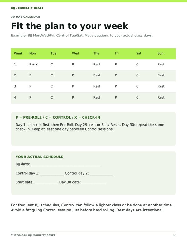 Page 7 of the real 30-day program showing its weekly calendar
