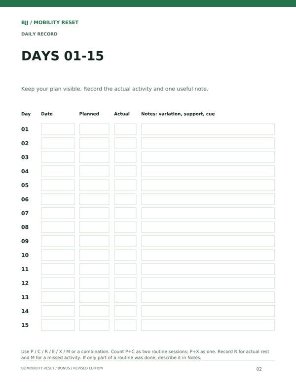 Real blank tracker page for days 1 to 15 with planned, actual and notes columns